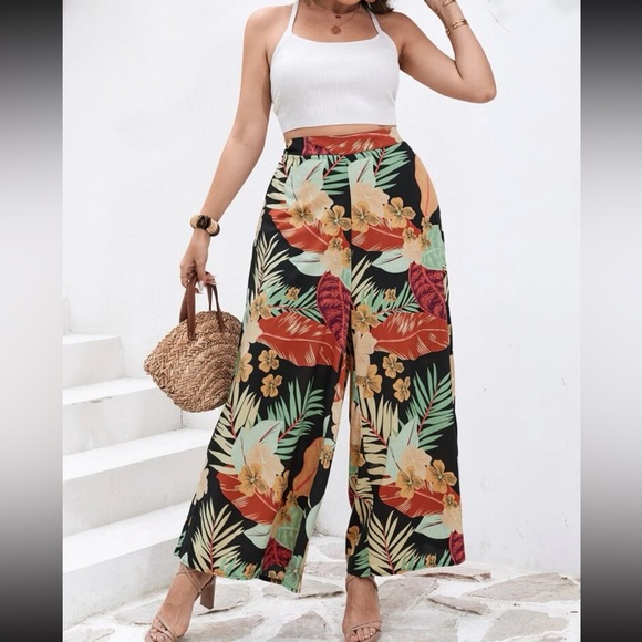 Boho floral leaves tropical print wide leg palazzo pants - Picture 9 of 12